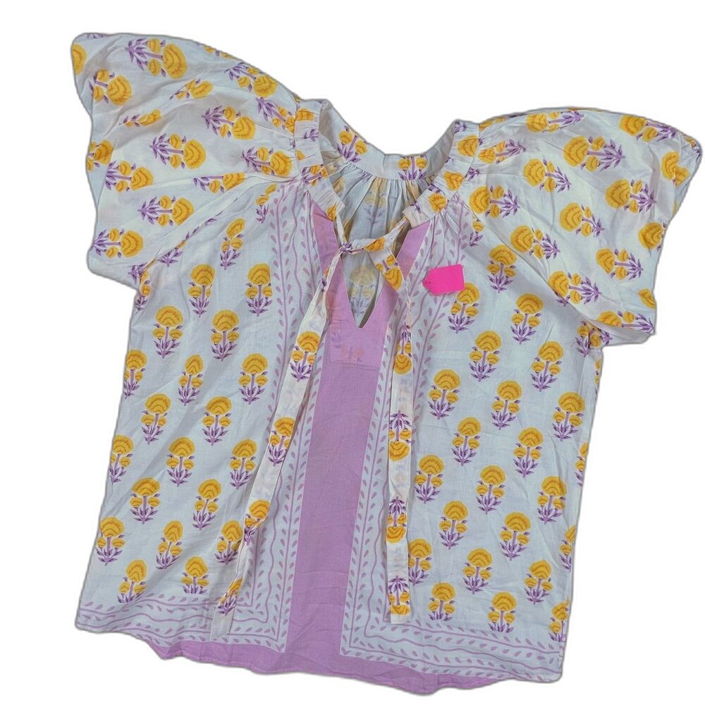 Ivy Jane Border Block Print Blouse Designer Sample M‎ Yellow Purple Cotton Top
